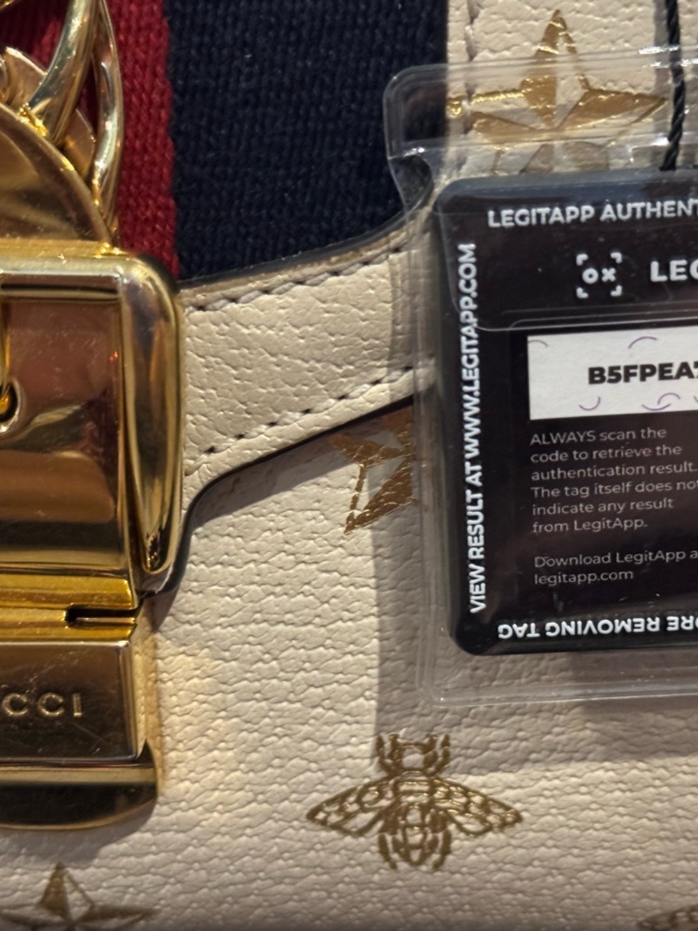 Gucci-SILVI- Cream Bee & Star Print Top Handle Satchel with Navy and Red Stripe - Picture 3 of 10